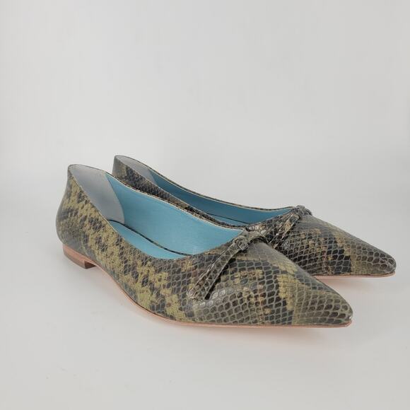 Frances Valentine Olive Paige Snakeskin Embossed Leather Flats 8 - Picture 1 of 11